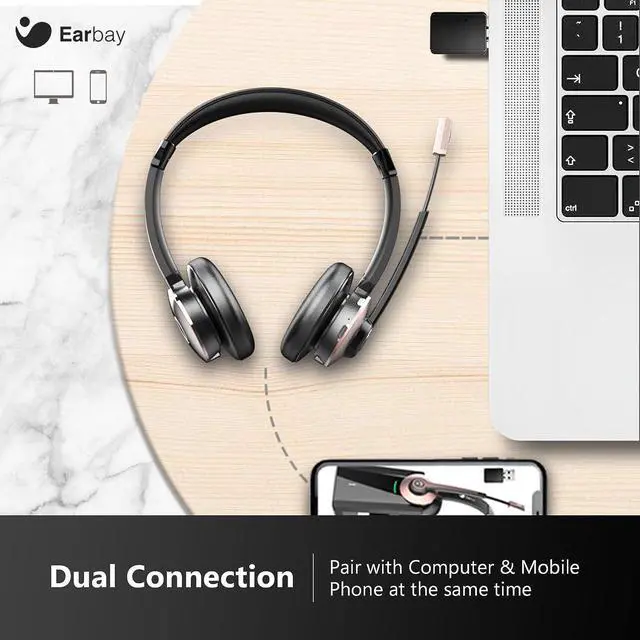 Alt view image 5 of 7 - Wireless Headset Bluetooth Headset with Microphone Noise Cancelling & USB Dongle Office Wireless Headphones with Mute & Charge Dock for PC/Cell Phone/Zoom/Conference Call Rose Gold