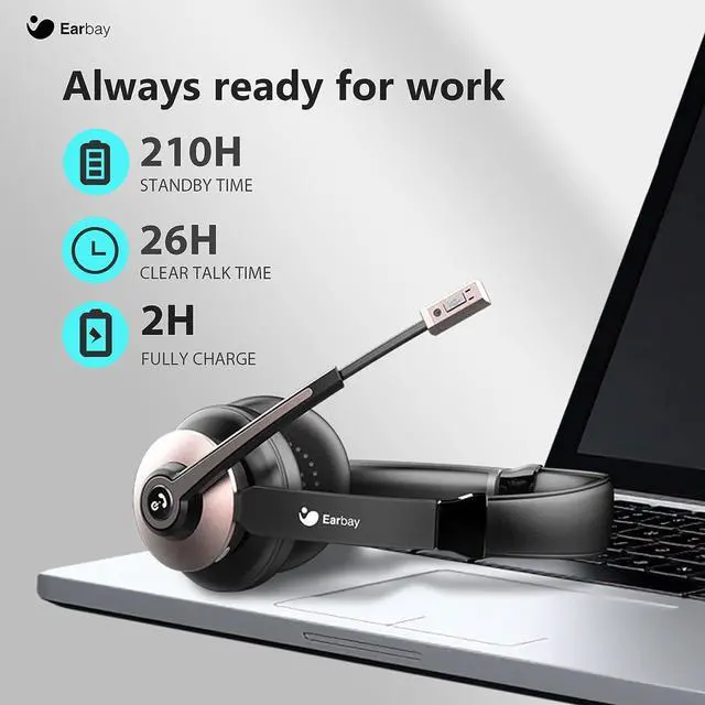 Alt view image 7 of 7 - Wireless Headset Bluetooth Headset with Microphone Noise Cancelling & USB Dongle Office Wireless Headphones with Mute & Charge Dock for PC/Cell Phone/Zoom/Conference Call Rose Gold