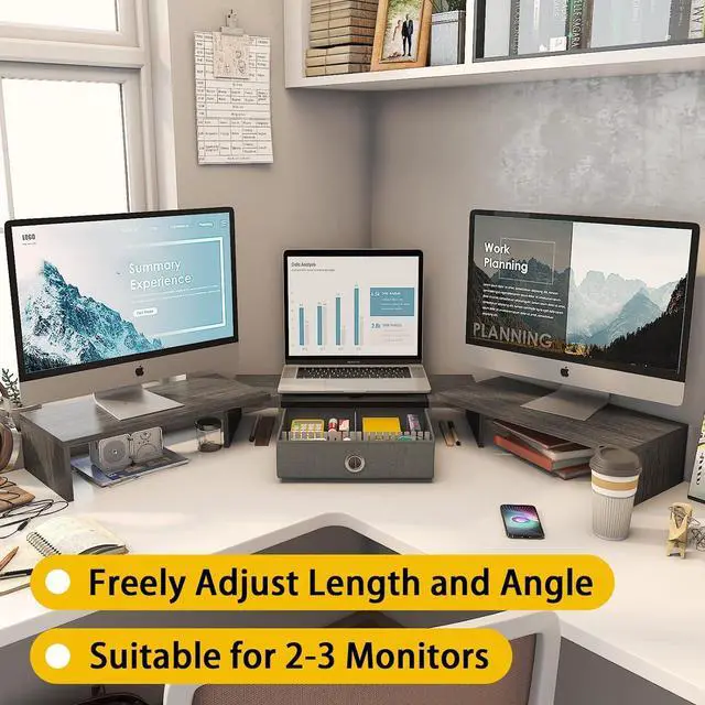Alt view image 3 of 7 - WESTREE Triple Dual Monitor Stand Riser with Drawer,Extra Large Adjustable for 2~3 Monitors,Solt for Phone & Tablet, Desktop Organizer Stand for Computer,Laptop,Printer,TV