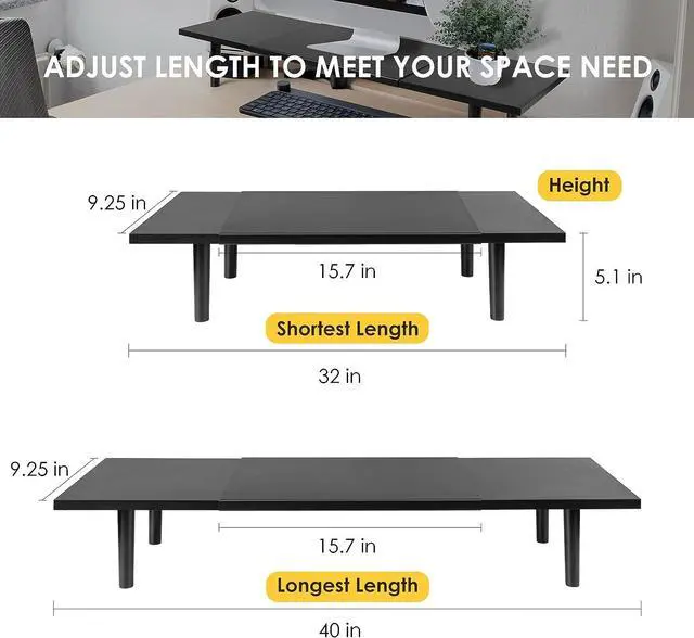 Alt view image 3 of 7 - Dual-Monitor-Stand-Riser-For-Desk Adjustable Length 32-40 InchLarge Desktop Computer Monitor Riser For 2 ScreensDesk Shelf Organizer Riser Stand For Computer/Laptop/PC/Printer/TV Black