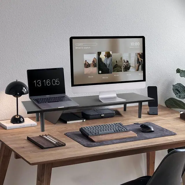 Alt view image 2 of 7 - Dual-Monitor-Stand-Riser-For-Desk Adjustable Length 32-40 InchLarge Desktop Computer Monitor Riser For 2 ScreensDesk Shelf Organizer Riser Stand For Computer/Laptop/PC/Printer/TV Black