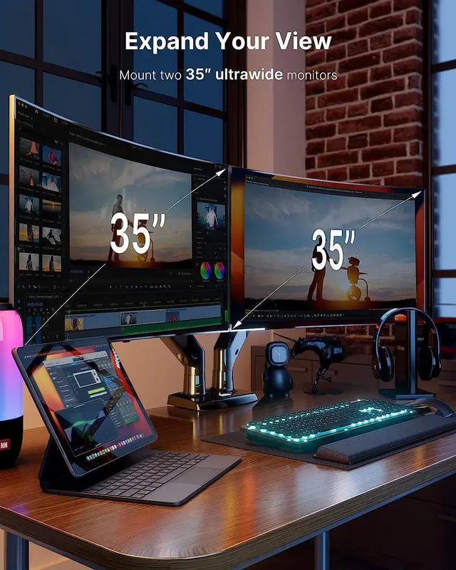 Alt view image 2 of 7 - HUANUO Dual Monitor Stand for 13 to 35 inch, Premium Dual Monitor Mount with USB, Height Adjustable Monitor Stands for 2 Monitors, VESA Bracket with Clamp/Grommet Base, Each Arm Hold up to 26.4lbs