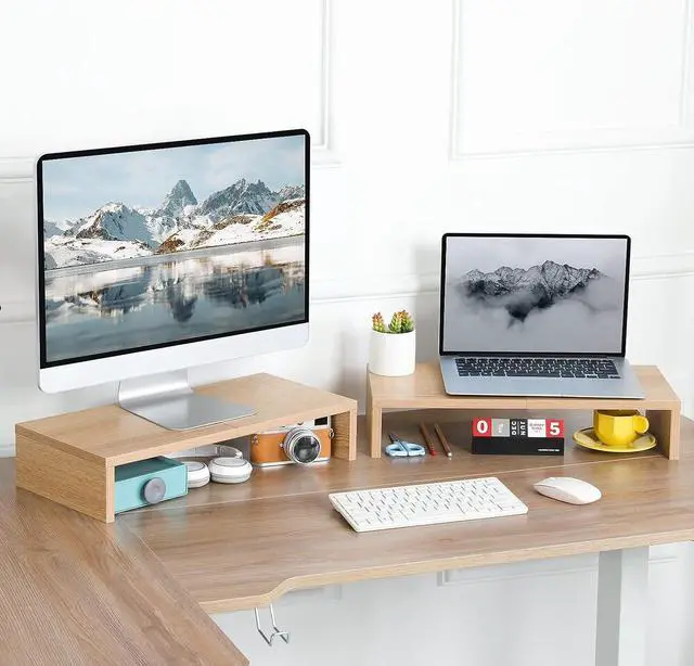 Alt view image 2 of 7 - TEAMIX 2 Pack Monitor Stand Riser-20 inch, Wood Monitor Stand, Desktop Organizer TV/Screen/PC/Printer/Laptop Riser, Computer Stand with Keyboard Organizer Desktop Stand, Monitor Riser