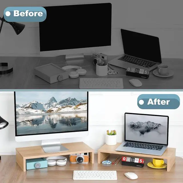 Alt view image 7 of 7 - TEAMIX 2 Pack Monitor Stand Riser-20 inch, Wood Monitor Stand, Desktop Organizer TV/Screen/PC/Printer/Laptop Riser, Computer Stand with Keyboard Organizer Desktop Stand, Monitor Riser