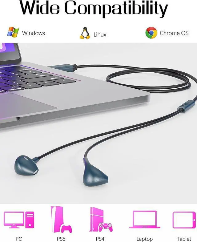 Alt view image 3 of 7 - USB Earbuds with Microphone for PC Laptop 2M/6.5ft USB Headset with Microphone for PC USB Headphones for Computer Laptop PC PS4 PS5 Notebook Desktop Office Home with Volume Control& Mute