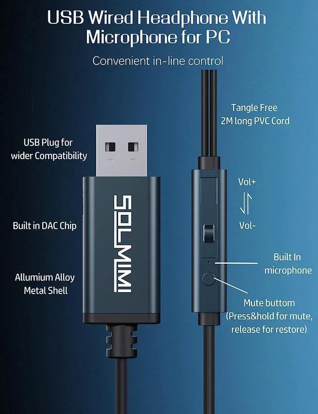 Alt view image 5 of 7 - USB Earbuds with Microphone for PC Laptop 2M/6.5ft USB Headset with Microphone for PC USB Headphones for Computer Laptop PC PS4 PS5 Notebook Desktop Office Home with Volume Control& Mute