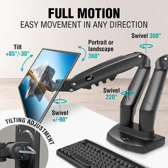 Alt view image 4 of 7 - ELG Full Motion Swivel Dual Monitor Desk Mount Stand Gas Spring for Two Screens 17 to 35'' (4.4lbs to 19.8lbs Load for Each Display), Computer Monitor Stand F160N, Black
