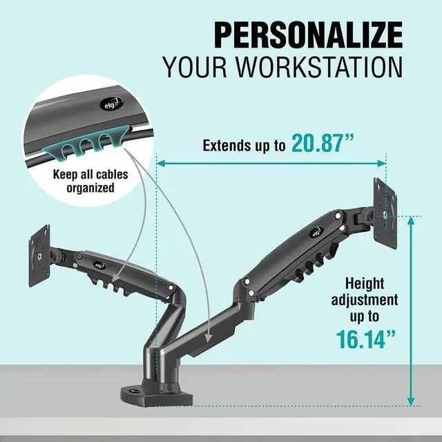 Alt view image 6 of 7 - ELG Full Motion Swivel Dual Monitor Desk Mount Stand Gas Spring for Two Screens 17 to 35'' (4.4lbs to 19.8lbs Load for Each Display), Computer Monitor Stand F160N, Black