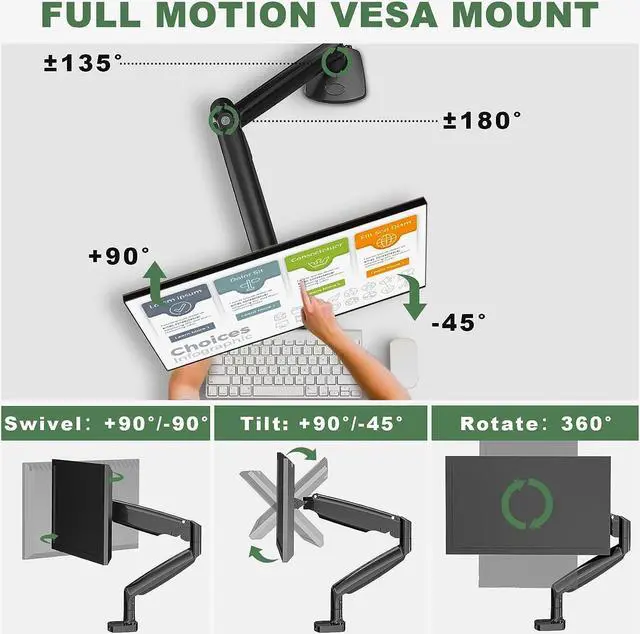Alt view image 3 of 6 - Sinlge Monitor Mount for 13 to 34 inch Flat/Curved Computer Screen, Gas Spring Ultrawide Monitor Arm Holds up to 26.5 lbs, Clamp & Grommet Base, VESA 75x75/100x100mm, Black