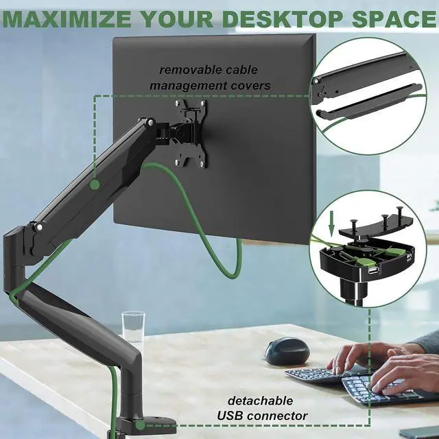 Alt view image 5 of 6 - Sinlge Monitor Mount for 13 to 34 inch Flat/Curved Computer Screen, Gas Spring Ultrawide Monitor Arm Holds up to 26.5 lbs, Clamp & Grommet Base, VESA 75x75/100x100mm, Black