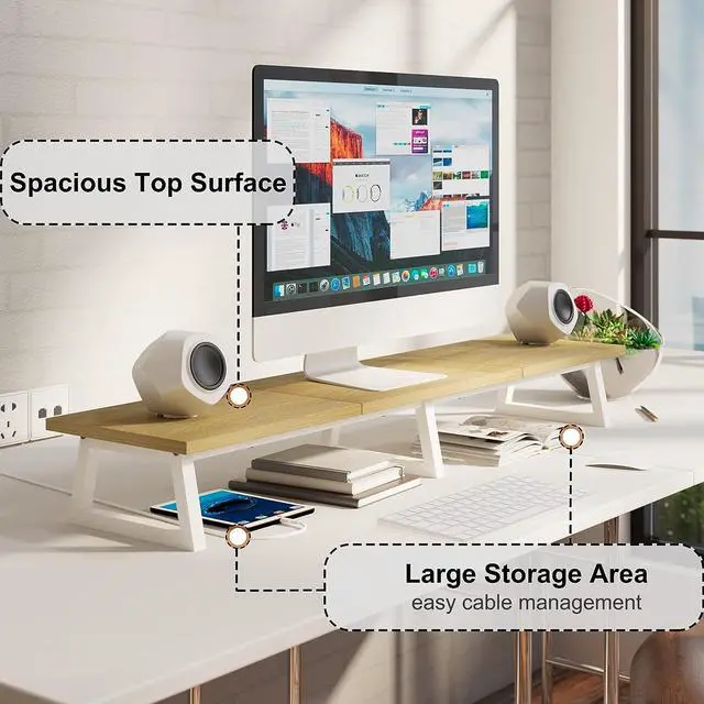 Alt view image 3 of 6 - TEAMIX 42 inch Large Dual Monitor Riser, Extra Long Monitor Stand Riser Wide TV Stand Riser Monitor Stand for 2 Monitors Wood & Steel Desktop Riser Desk Organization Home Office (Maple, 42 inch)