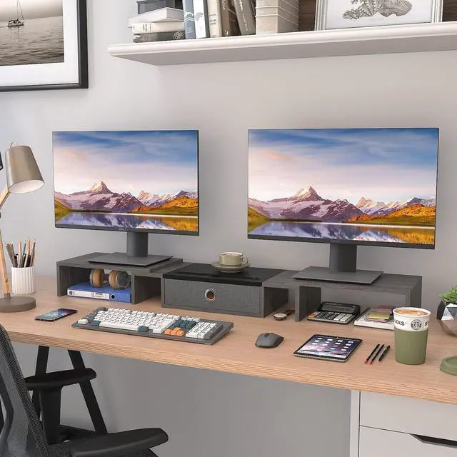 Alt view image 4 of 7 - WESTREE Triple Dual Monitor Stand Riser with Drawer,Extra Large Adjustable for 2~3 Monitors,Solt for Phone & Tablet, Desktop Organizer Stand for Computer,Laptop,Printer,TV
