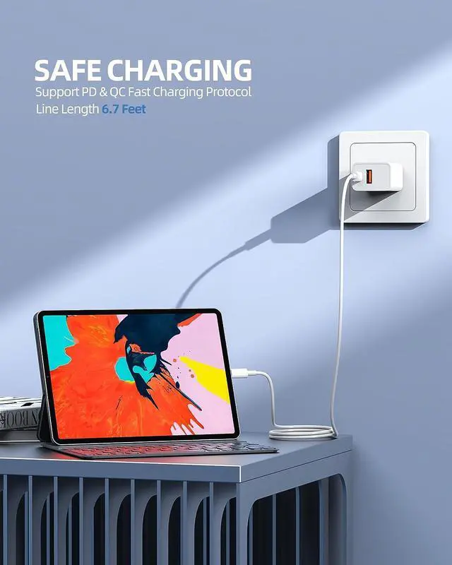 Alt view image 7 of 7 - 20W USB-C Fast Charger for iPad 10th Generation Gen 2022 10.9 Tablet A2696 A2757 A2777 with 2 Charging Ports and C-C AC Power Supply Adapter Cord Cable