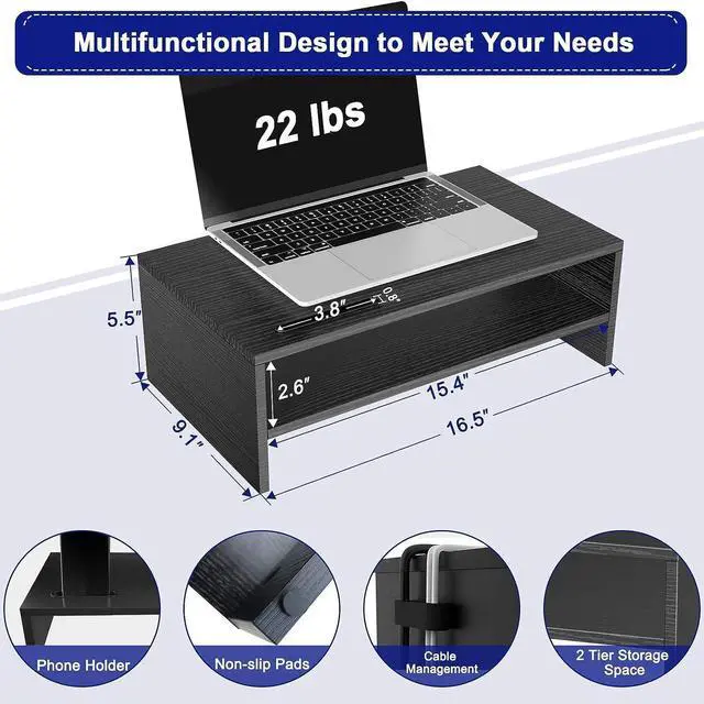 Alt view image 3 of 7 - Monitor Stand Monitor Riser Wood 2 Tiers Desk Organizer Stand with Cellphone Holder Laptop Printer Stand with Cable Management