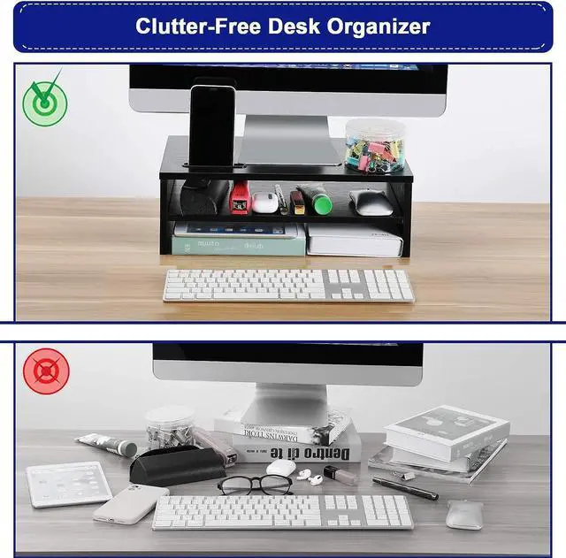 Alt view image 4 of 7 - Monitor Stand Monitor Riser Wood 2 Tiers Desk Organizer Stand with Cellphone Holder Laptop Printer Stand with Cable Management