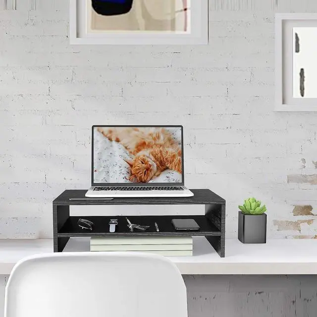 Alt view image 5 of 7 - Monitor Stand Monitor Riser Wood 2 Tiers Desk Organizer Stand with Cellphone Holder Laptop Printer Stand with Cable Management