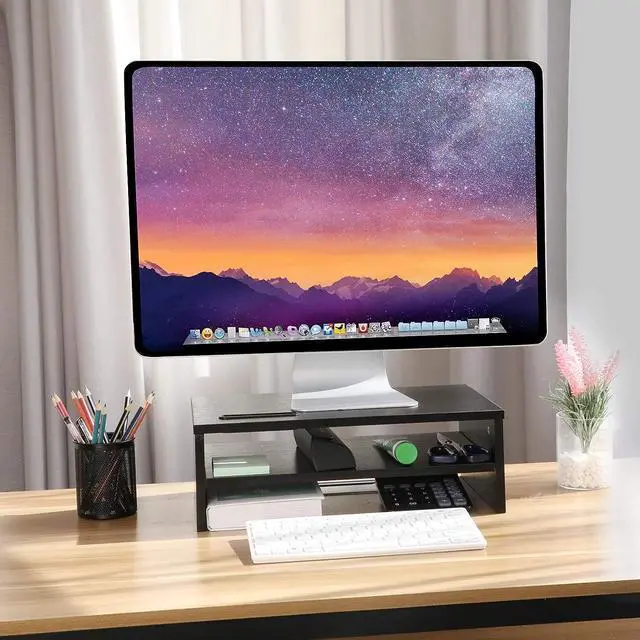 Alt view image 6 of 7 - Monitor Stand Monitor Riser Wood 2 Tiers Desk Organizer Stand with Cellphone Holder Laptop Printer Stand with Cable Management