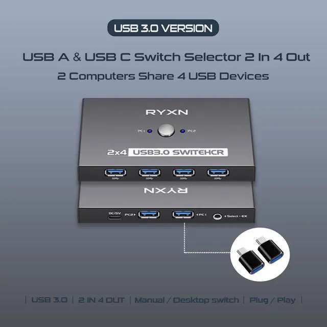Alt view image 2 of 7 - USB 3.0 Switcher 2 Computers, USB A & USB C Switcher 2 Computers Share 4 USB Devices, with 1 Desktop Controller, 2 USB 3.0 Cables, 2 USB C Adapter