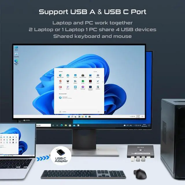 Alt view image 4 of 7 - USB 3.0 Switcher 2 Computers, USB A & USB C Switcher 2 Computers Share 4 USB Devices, with 1 Desktop Controller, 2 USB 3.0 Cables, 2 USB C Adapter