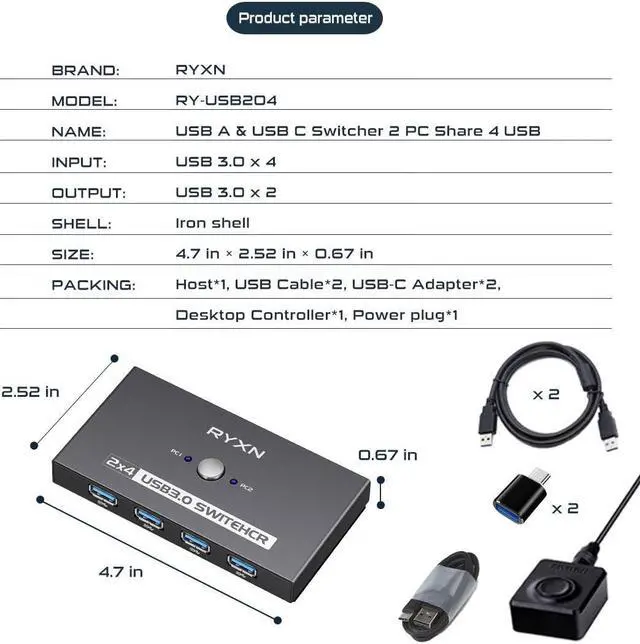 Alt view image 7 of 7 - USB 3.0 Switcher 2 Computers, USB A & USB C Switcher 2 Computers Share 4 USB Devices, with 1 Desktop Controller, 2 USB 3.0 Cables, 2 USB C Adapter