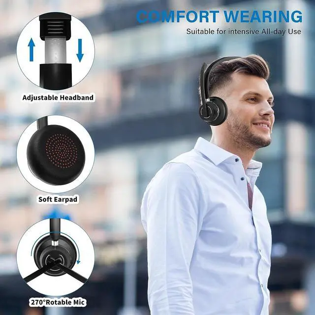 Alt view image 3 of 7 - Wireless Headset Bluetooth Headset with Noise Canceling Microphone &USB Dongle Handsfree 45 Hrs/Dual Connect/Mute Button wireless computer headset with microphone for PC|Work|Skype|Zoom|MS Teams