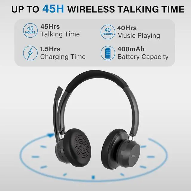 Alt view image 6 of 7 - Wireless Headset Bluetooth Headset with Noise Canceling Microphone &USB Dongle Handsfree 45 Hrs/Dual Connect/Mute Button wireless computer headset with microphone for PC|Work|Skype|Zoom|MS Teams