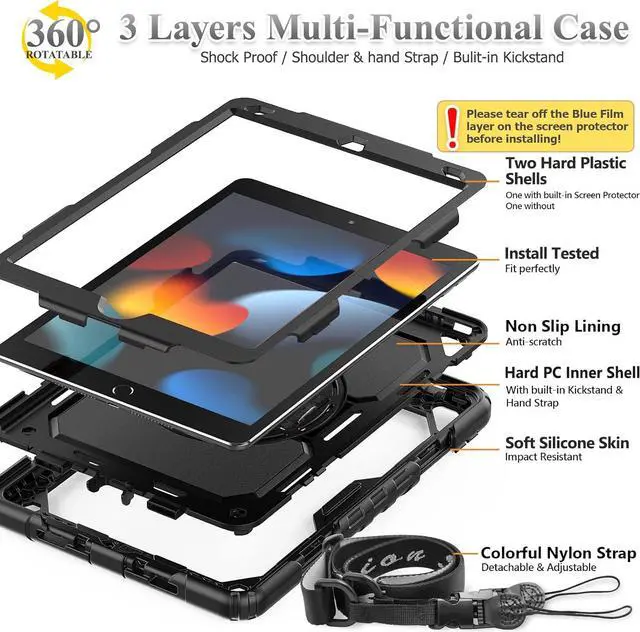 Alt view image 5 of 7 - Pad 9th/ 8th/ 7th Generation Case 10.2 with Screen Protector Pencil Holder [360 Rotating Hand Strap] &Stand, Drop-Proof Case for Pad 10.2 inch 2021/2020/2019 (Yellowish+Pink)