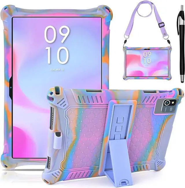 Main image of Okaysea 10.1 inch Silicone Tablet Case with Stylus Pen & Shoulder Strap Moderness 10.1 Case Soft Portable Protective Cover for QunyiCO 10.1 Azeyou Tab 6 10 inch Rose Red & Purple