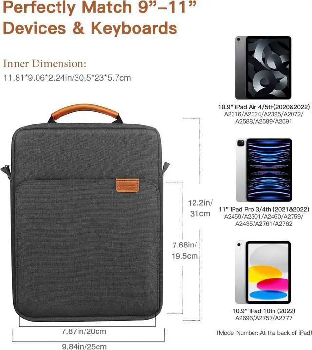 Alt view image 2 of 7 - 9-11 Inch Tablet Sleeve Bag Handle Carrying Case with Shoulder Strap Fits iPad Pro 11 inch iPad 10th 10.9 iPad 9/8/7th Generation 10.2 iPad Air 5/4th 10.9 iPad 9.7 Tab S8/S9 11 Black & Gray