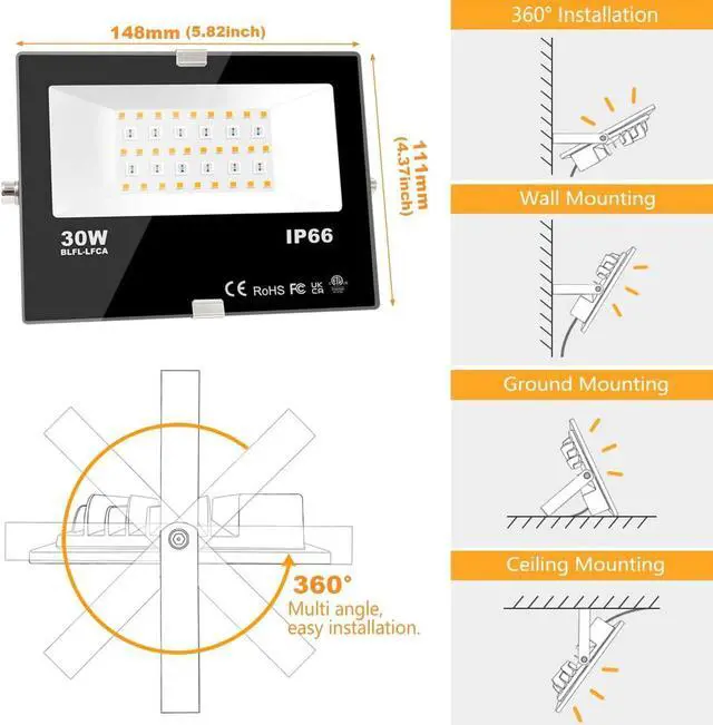Alt view image 7 of 7 - LED Flood Light Outdoor, 300W Equivalent 3000LM Smart RGB Landscape Lighting with APP Control, DIY Scenes - Timing -5700K Daylight White -Color Changing Uplight, IP66 Waterproof US Plug MELPO(4 Pack)
