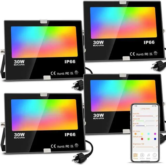 Main image of LED Flood Light Outdoor, 300W Equivalent 3000LM Smart RGB Landscape Lighting with APP Control, DIY Scenes - Timing -5700K Daylight White -Color Changing Uplight, IP66 Waterproof US Plug MELPO(4 Pack)