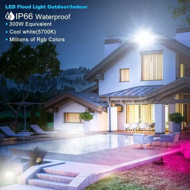 Alt view image 2 of 7 - LED Flood Light Outdoor, 300W Equivalent 3000LM Smart RGB Landscape Lighting with APP Control, DIY Scenes - Timing -5700K Daylight White -Color Changing Uplight, IP66 Waterproof US Plug MELPO(4 Pack)
