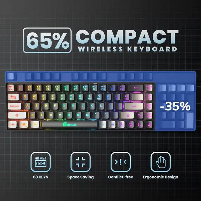 Alt view image 5 of 6 - 65% Wireless Gaming Keyboard, Rechargeable Backlit Gaming Keyboard, 68 Keys Ultra-Compact Anti-ghosting No-Conflict Wireless Keyboard for PC Laptop PS5 PS4 Xbox One Mac Gamer(Black-Grey)