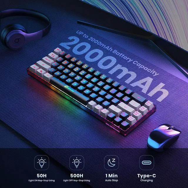 Alt view image 3 of 6 - 65% Wireless Gaming Keyboard, Rechargeable Backlit Gaming Keyboard, 68 Keys Ultra-Compact Anti-ghosting No-Conflict Wireless Keyboard for PC Laptop Windows Gamer(Black-Grey)