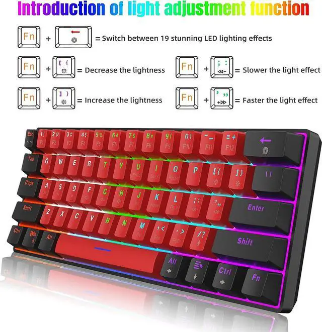 Alt view image 3 of 7 - Snpurdiri 60% Wired Mechanical Keyboard, Mini Gaming Keyboard with 61 Keys for PC, Windows XP, Win 7, Win 10 (Black-Red, Red Switches)