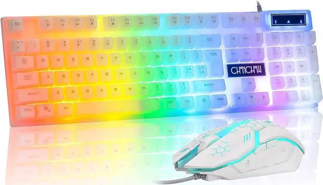 Main image of LED Keyboard and Mouse, 104 Keys Rainbow Backlit Keyboard and 7 Color RGB Mouse, White Gaming Keyboard and Mouse Combo for PC Laptop Xbox PS4 Gamers and Work