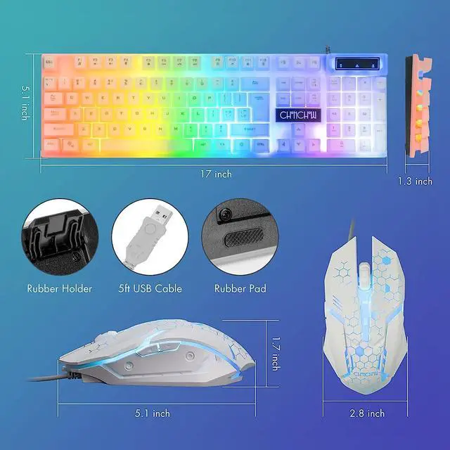 Alt view image 3 of 7 - LED Keyboard and Mouse, 104 Keys Rainbow Backlit Keyboard and 7 Color RGB Mouse, White Gaming Keyboard and Mouse Combo for PC Laptop Xbox PS4 Gamers and Work