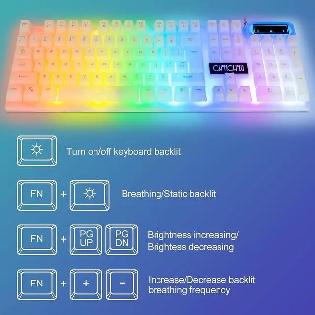 Alt view image 4 of 7 - LED Keyboard and Mouse, 104 Keys Rainbow Backlit Keyboard and 7 Color RGB Mouse, White Gaming Keyboard and Mouse Combo for PC Laptop Xbox PS4 Gamers and Work