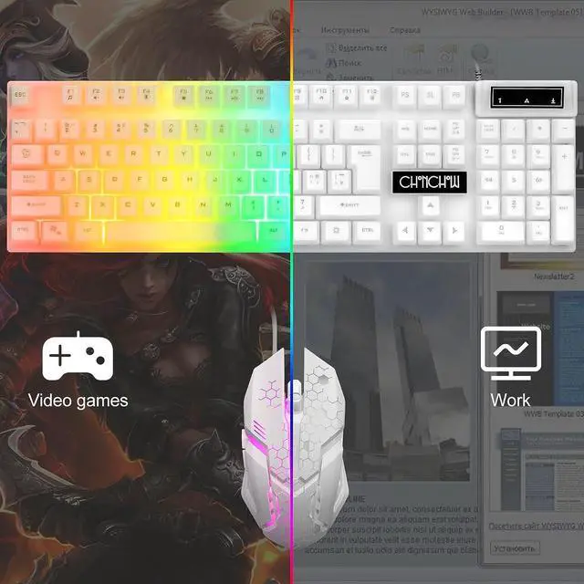 Alt view image 7 of 7 - LED Keyboard and Mouse, 104 Keys Rainbow Backlit Keyboard and 7 Color RGB Mouse, White Gaming Keyboard and Mouse Combo for PC Laptop Xbox PS4 Gamers and Work