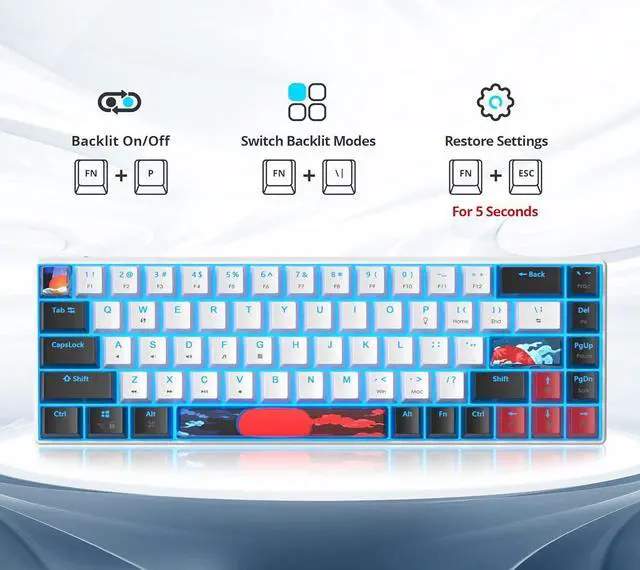 Alt view image 4 of 7 - 60 Percent Gaming Keyboard 68 Keys Mechanical Keyboard LED Backlit Compact Wired Keyboard with Red Switch for Windows MAC PS4/5 Xbox Gamer(Black-White)