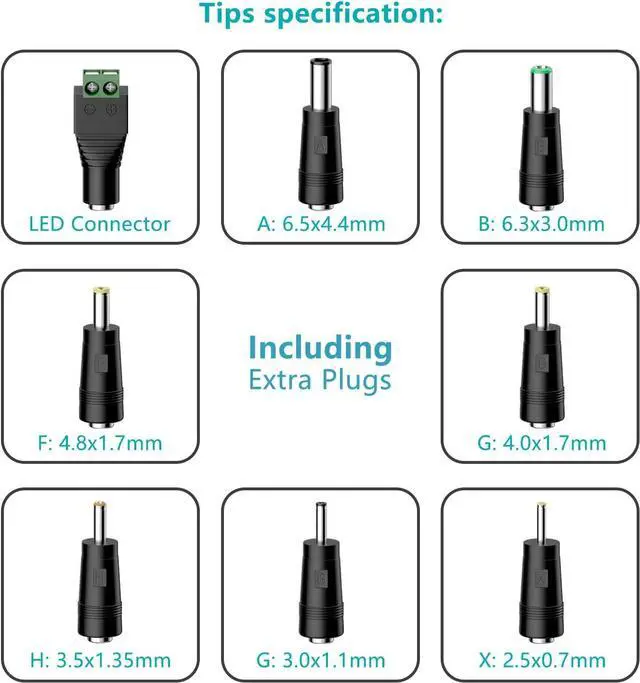 Alt view image 5 of 6 - 12V 2A 1A Power Supply AC Adapter with 8 Tips Regulated 12 Volts 2000mA Replacement Charger Cord Cable for LED Strip Light CCTV Camera BT Speaker GPS Webcam Router DC 12V Converter (6ft)