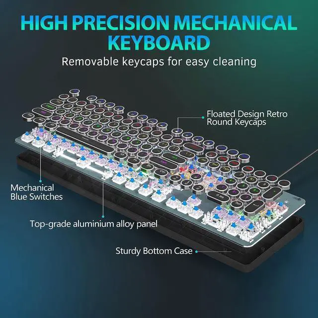 Alt view image 2 of 7 - Typewriter Mechanical Gaming Keyboard with Mouse, Metal Panel Retro Keyboard with Round Keycap Blue Switch, RGB Backlit 104 Keys Anti-Ghost Wired Keyboard Mouse and Pad Combo for PC Laptop Mac Gamer