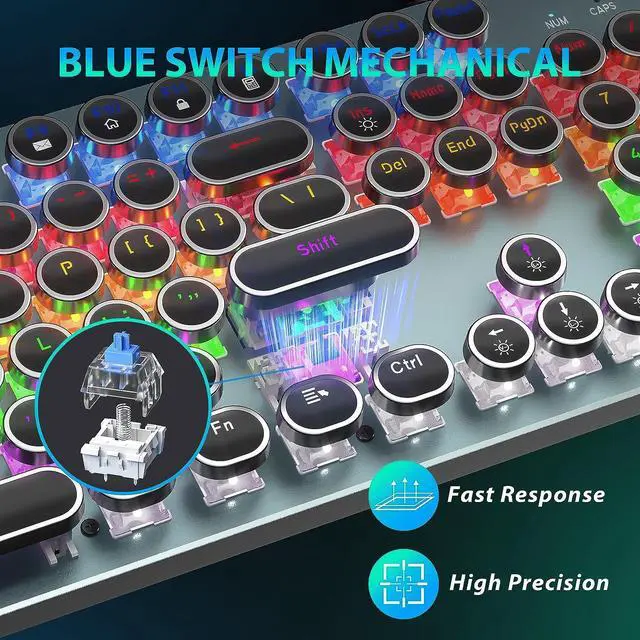 Alt view image 3 of 7 - Typewriter Mechanical Gaming Keyboard with Mouse, Metal Panel Retro Keyboard with Round Keycap Blue Switch, RGB Backlit 104 Keys Anti-Ghost Wired Keyboard Mouse and Pad Combo for PC Laptop Mac Gamer