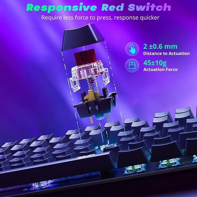 Alt view image 3 of 7 - Mechanical Gaming Keyboard, Wired Mechanical Keyboard with 11 Programmable Backlit Modes, Hot-Swappable Red Switch, Anti-Ghosting, Double-Shot PBT Keycaps, Light Up Keyboard for PC Mac