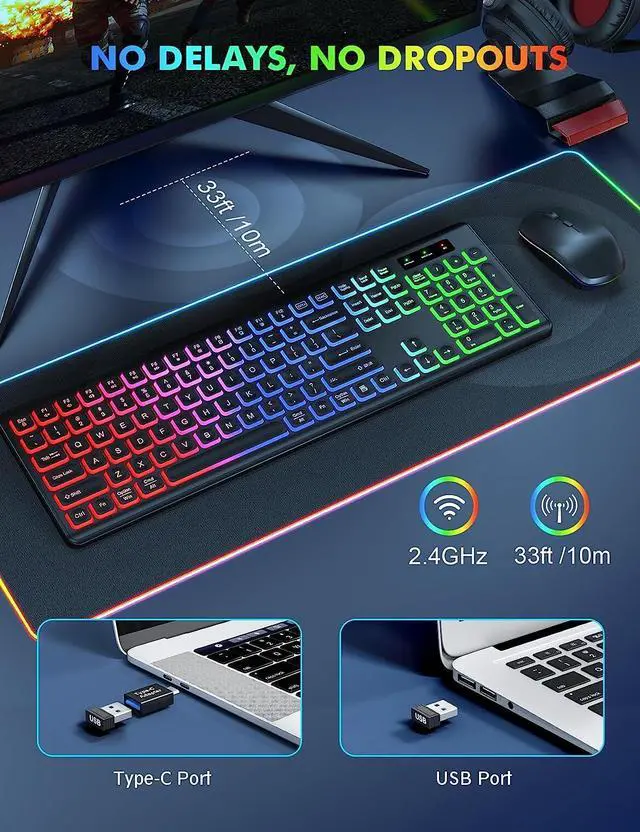 Alt view image 4 of 7 - Wireless Keyboard and Mouse Combo - RGB Backlit, Rechargeable & Light Up Letters, Full-Size, Ergonomic Tilt Angle, Sleep Mode, 2.4GHz Quiet Keyboard Mouse for Mac, Windows, Laptop, PC, Trueque (Black)
