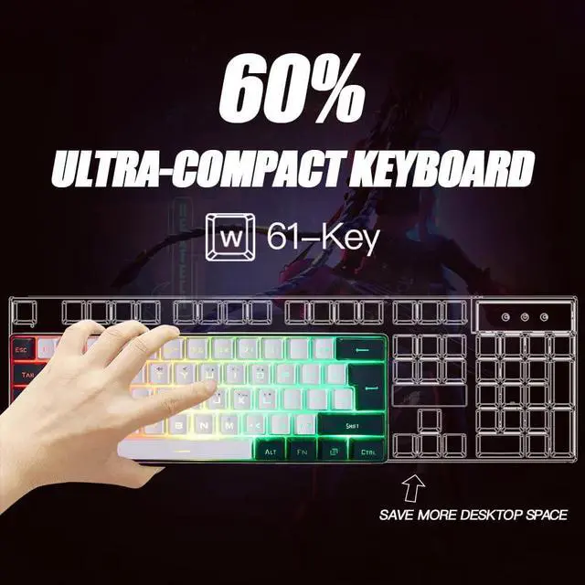 Alt view image 3 of 6 - abucow Gaming Keyboard Minimalist Portable Wired Ultra-Compact Mini Imitation 61 Keys RGB Backlit Keyboard (White-Black)