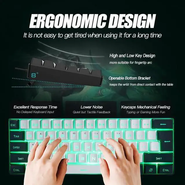 Alt view image 4 of 6 - abucow Gaming Keyboard Minimalist Portable Wired Ultra-Compact Mini Imitation 61 Keys RGB Backlit Keyboard (White-Black)