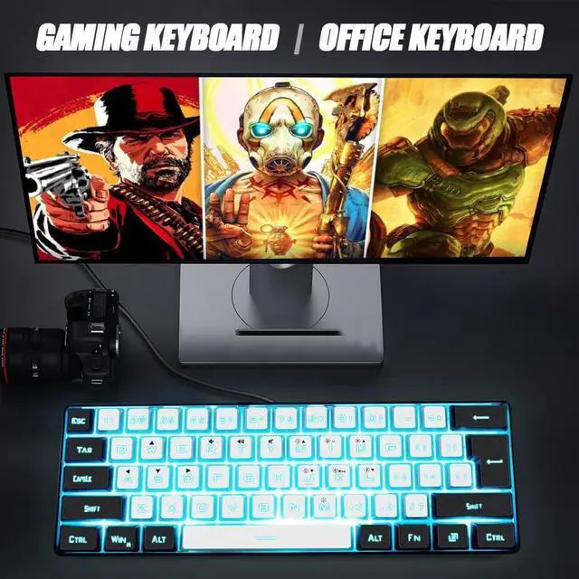 Alt view image 6 of 6 - abucow Gaming Keyboard Minimalist Portable Wired Ultra-Compact Mini Imitation 61 Keys RGB Backlit Keyboard (White-Black)