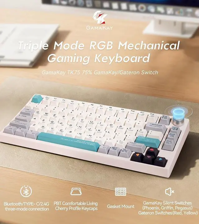 Alt view image 2 of 7 - GK GAMAKAY TK75 75% Mute Mechanical Keyboard with Knob Control, Hot Swap RGB Bluetooth 5.0/2.4GHz Wireless/USB-C Wired PBT Cherry Profile Keycaps Silent Gaming Keyboard (GamaKay Pegasus Switch)