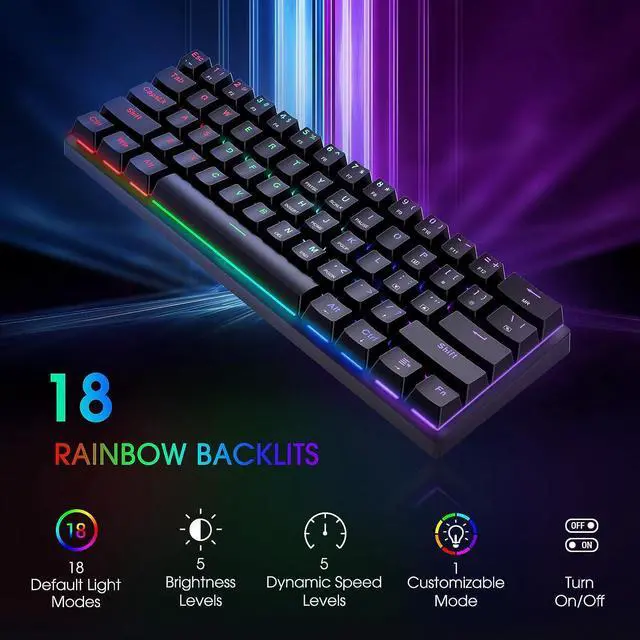 Alt view image 2 of 7 - Portable 60% Mechanical Gaming Keyboard,60 Percent Wired Gamer Keyboard with Blue Switches,LED Customization Backlit,61 Keys Ultra-Compact Mini Office Keyboard for PC/Mac/Xbox,Easy to Carry On Trip